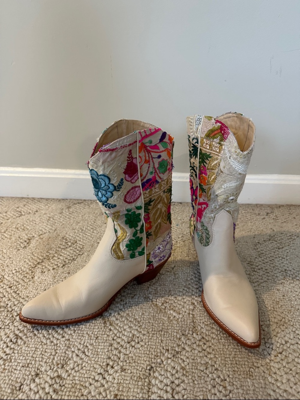 Free People White Embroidered Floral Western Booties